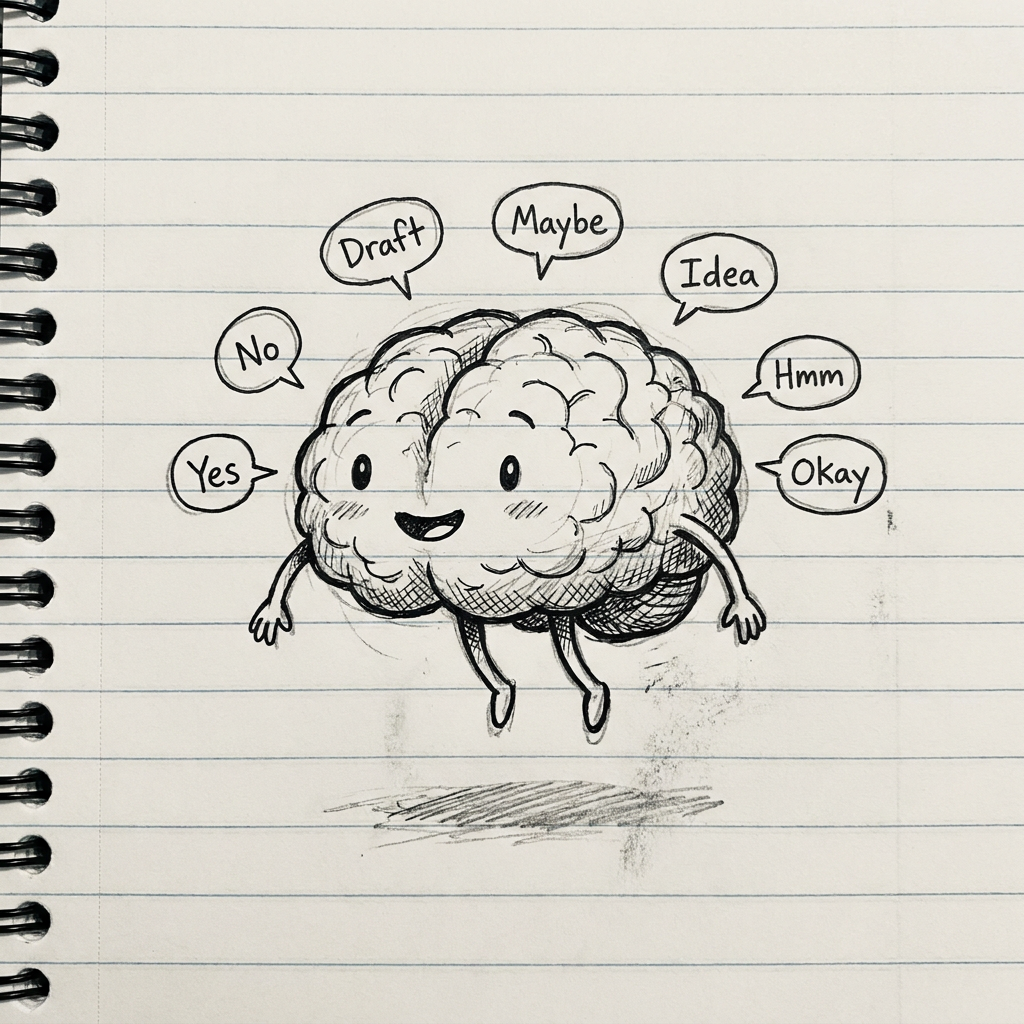 A hand-drawn sketch of a brain with arms, surrounded by speech bubbles.