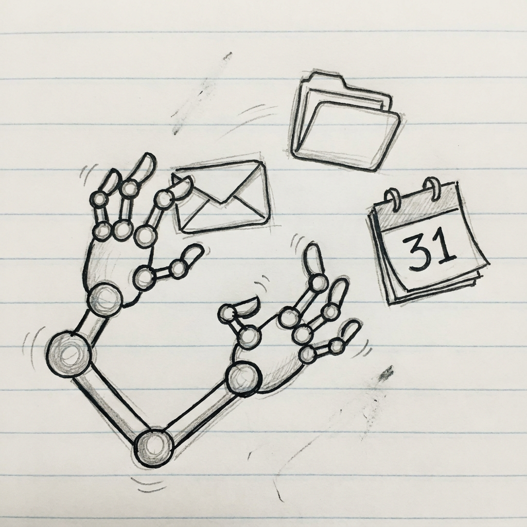 A hand-drawn sketch of robot hands reaching for email, file, and calendar icons.