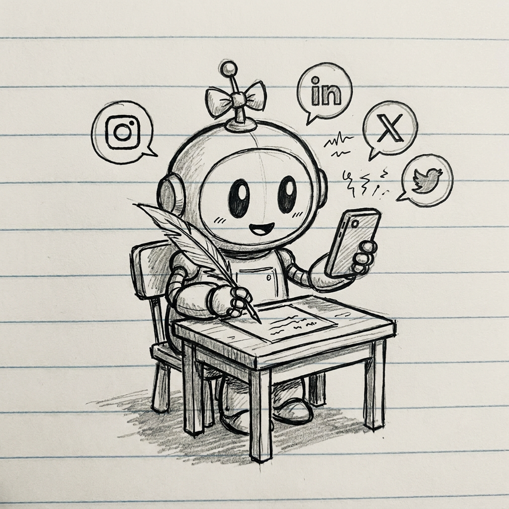 A hand-drawn sketch of a robot assistant with a pen and phone, surrounded by speech bubbles and social media icons.