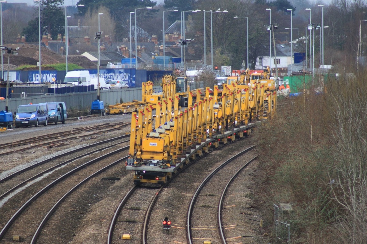 Track renewals at Taunton East Junction — pre-fabricated points being moved into position.