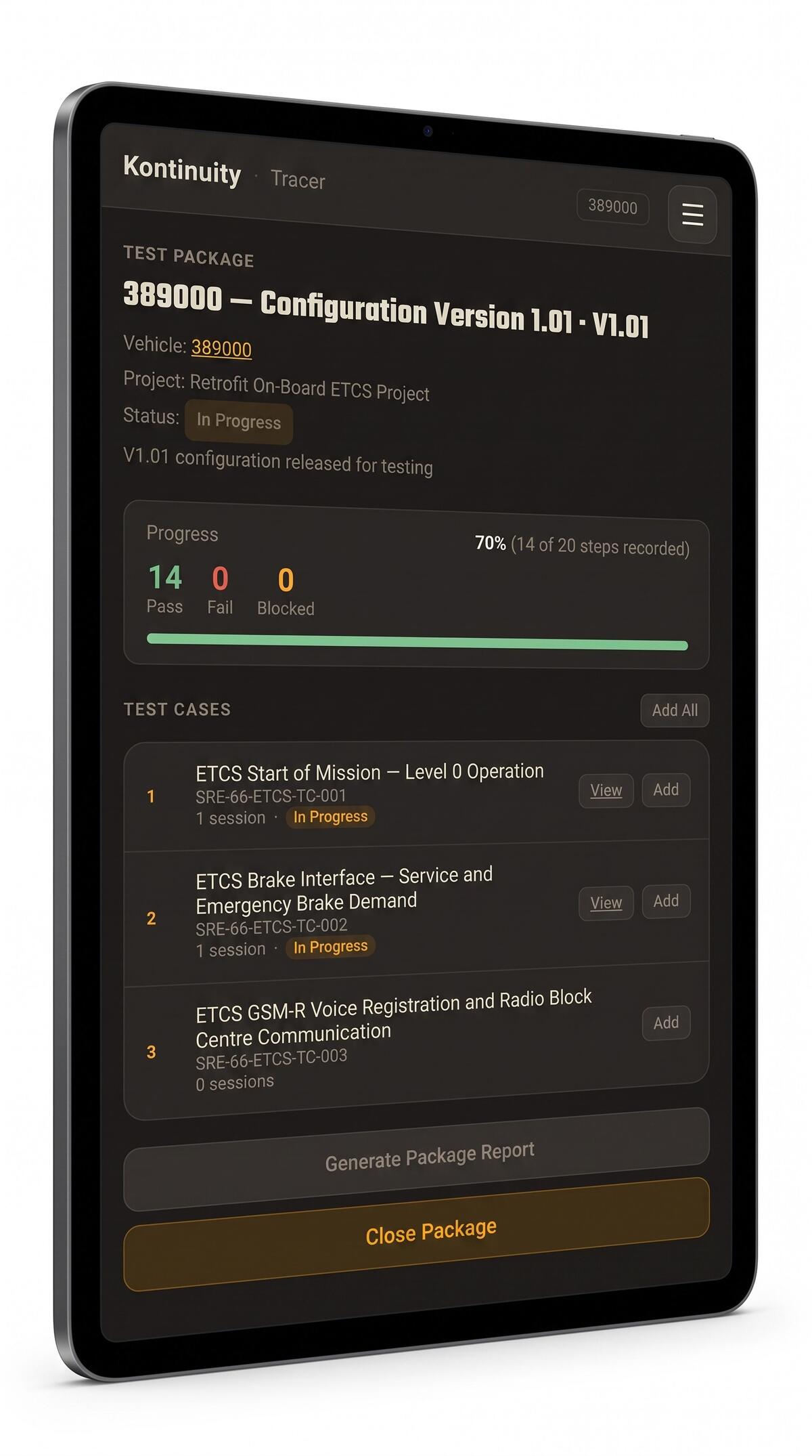 Tracer dashboard — live progress view across all test packets