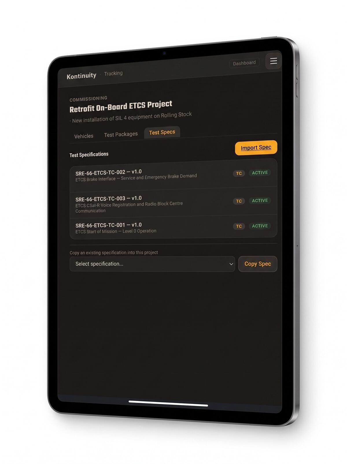 Tracer specification view — test sequence and requirements